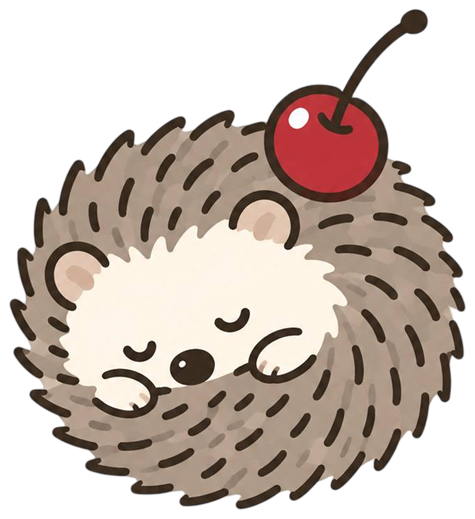 HARICHERRYのマスコット：まるくなって眠るハリネズミとチェリー